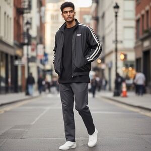 Vintage Rooky USA Mens Black Nylon‎ Track Jacket with White Stripes Size L - NEW